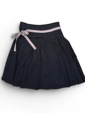 Burberry London Black Pleated Mini Skirt Iconic Stripe Tie Belt Cotton Size 4 US